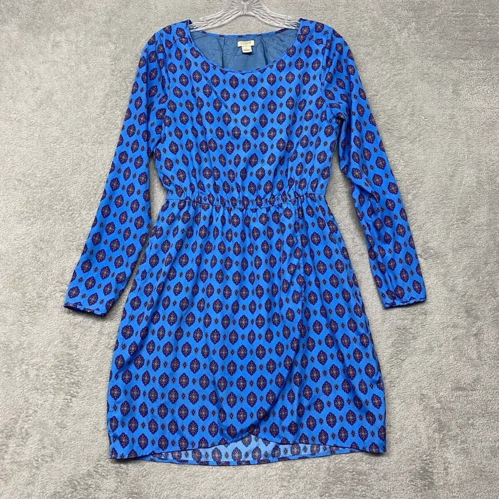 J Crew Dress Womens 4 Blue Fit Flare Long Sleeve Gathered Waist Round Neck 12